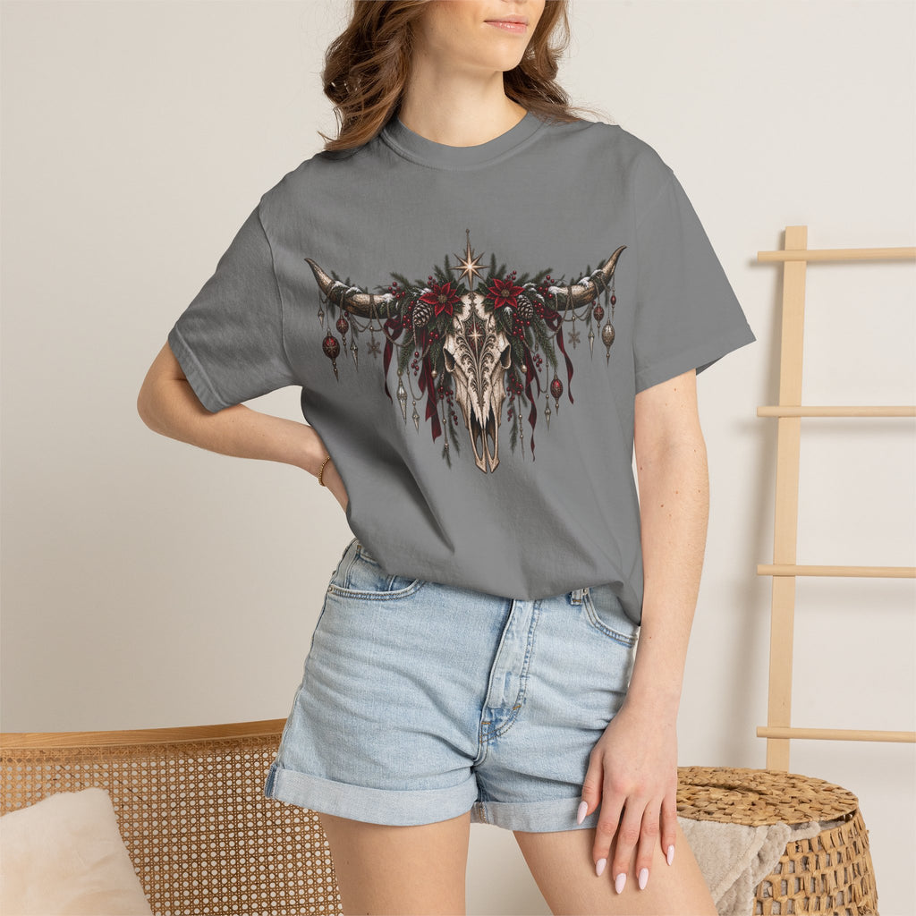 Western Skull Christmas T-Shirt — Boho Longhorn Design