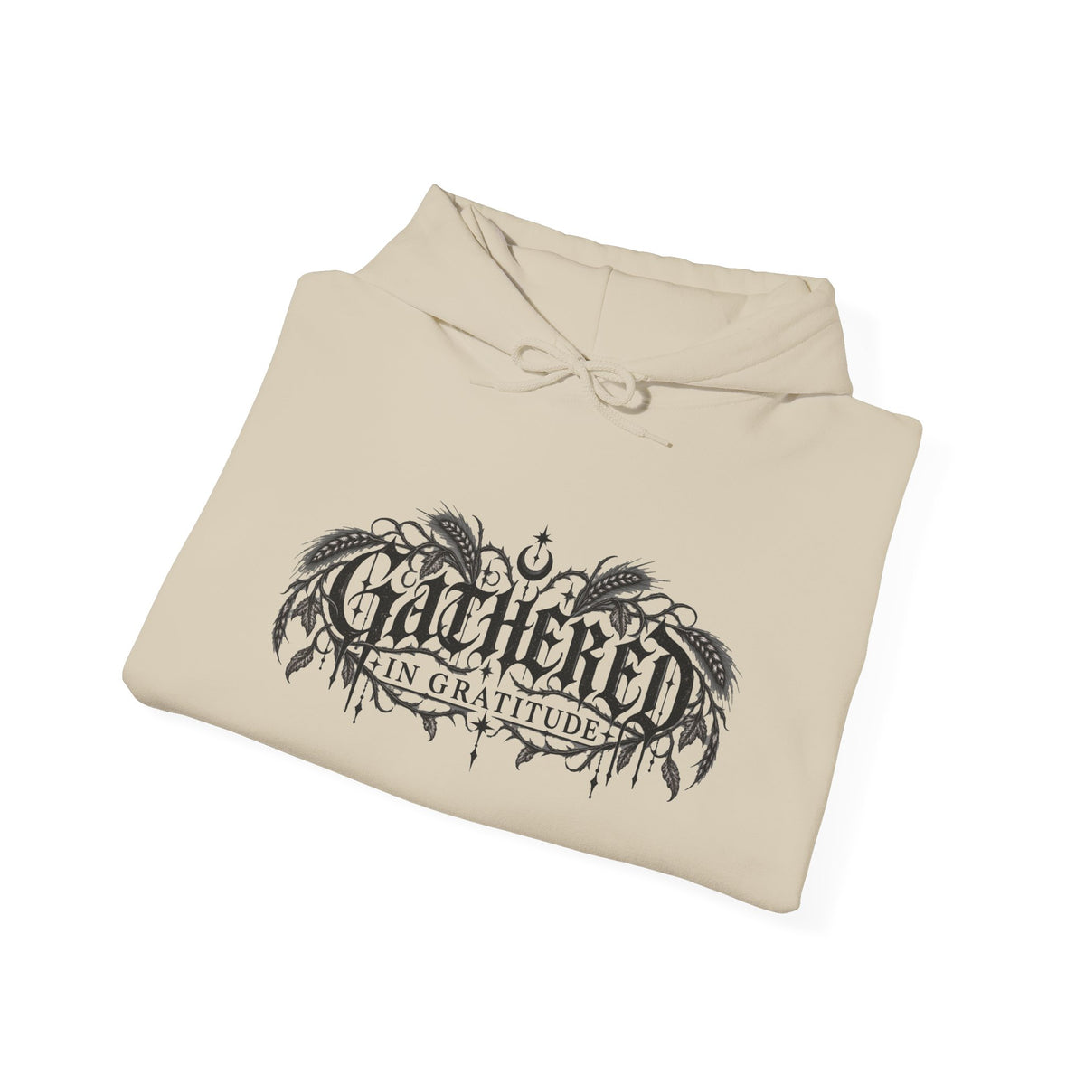 Gathered in Gratitude Hoodie — Gothic Winged Script Pullover