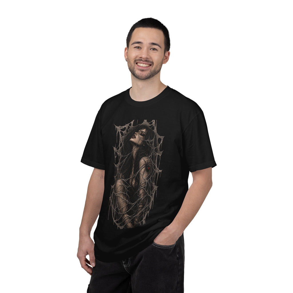 Gothic Web Embrace T-Shirt — Dark Art Femme in Cobweb Frame