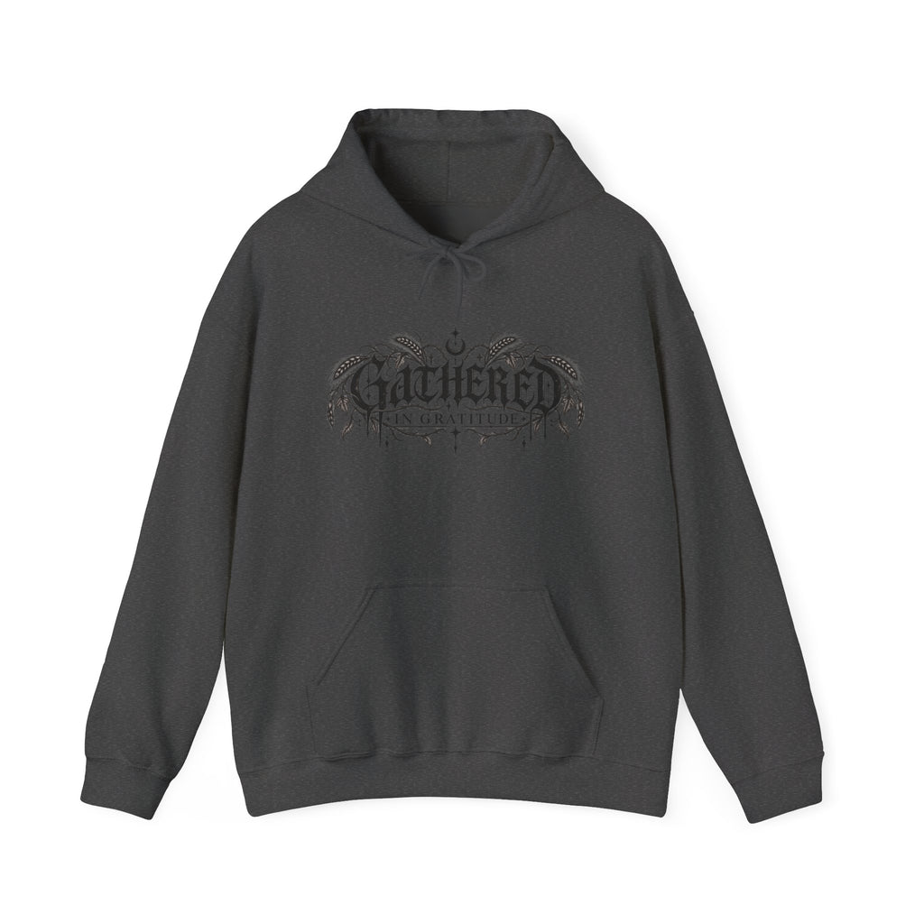 Gathered in Gratitude Hoodie — Gothic Winged Script Pullover