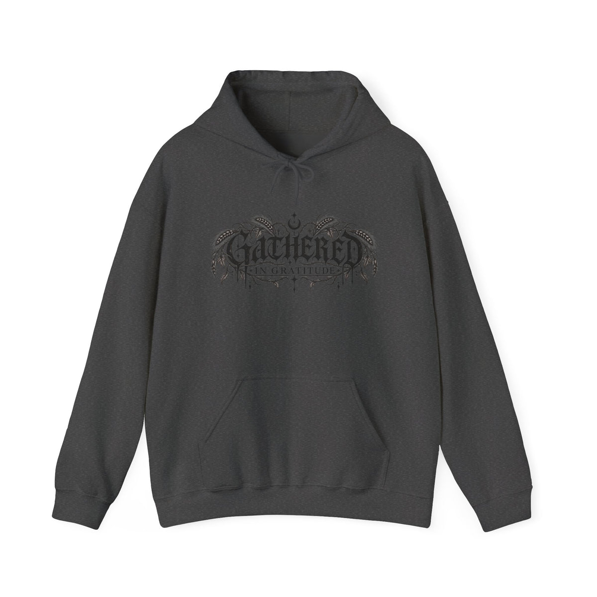 Gathered in Gratitude Hoodie — Gothic Winged Script Pullover