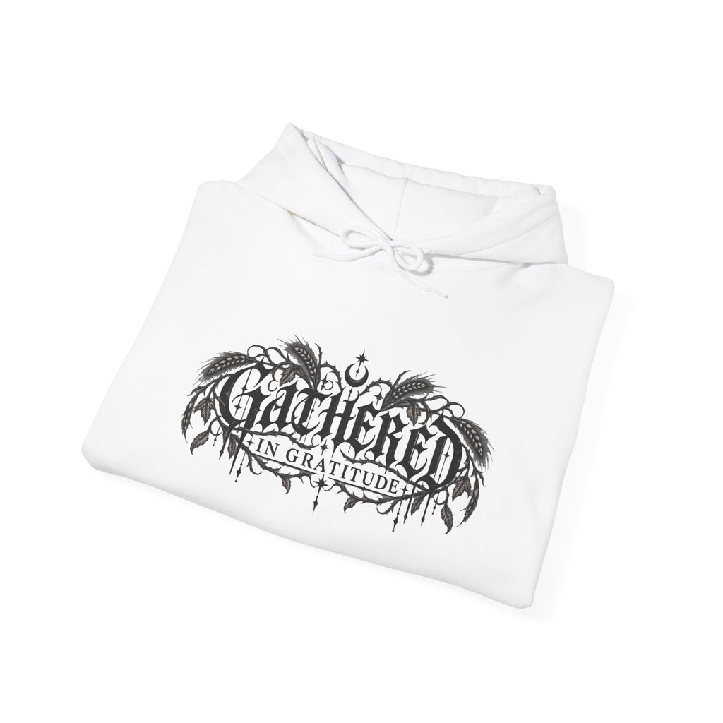 Gathered in Gratitude Hoodie — Gothic Winged Script Pullover