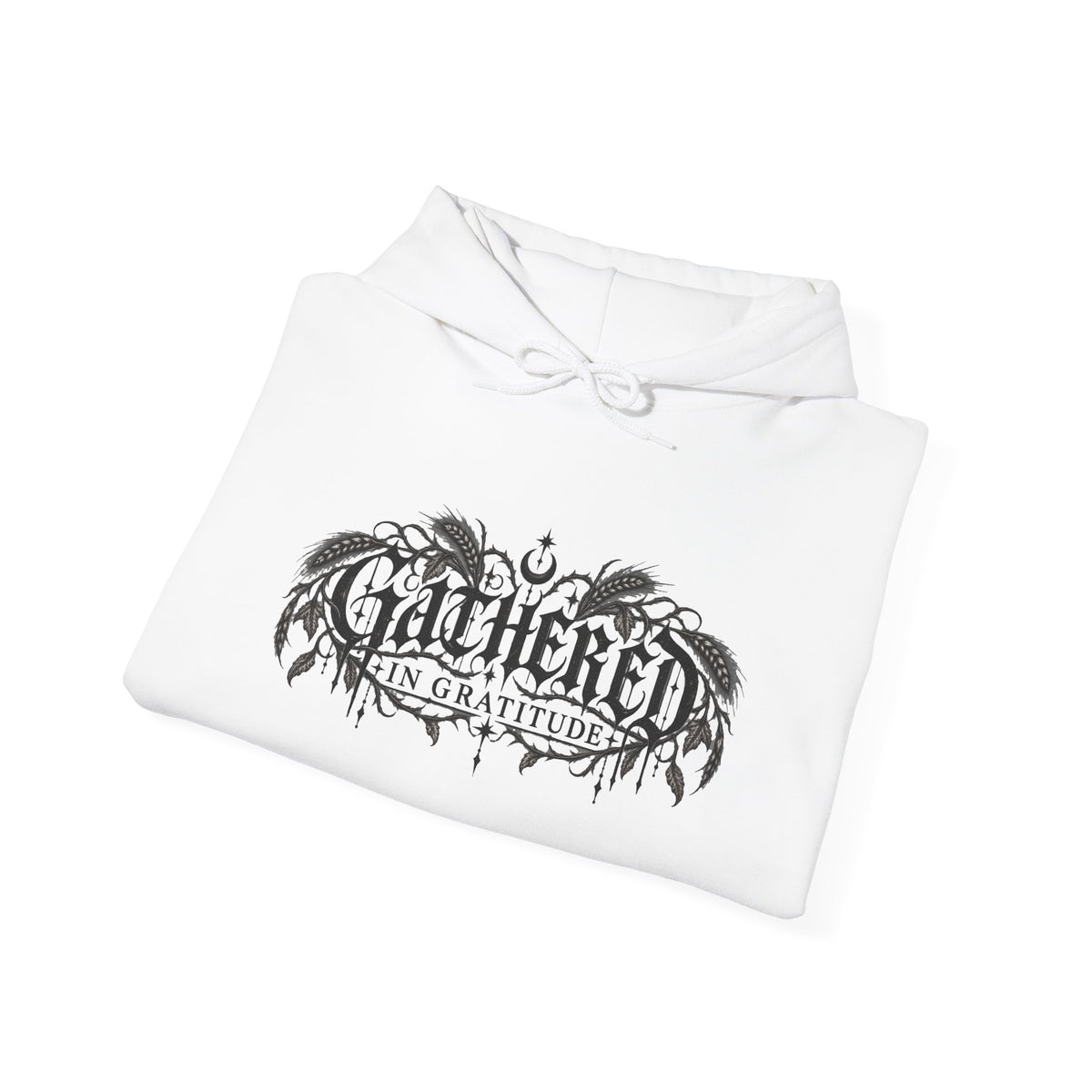 Gathered in Gratitude Hoodie — Gothic Winged Script Pullover