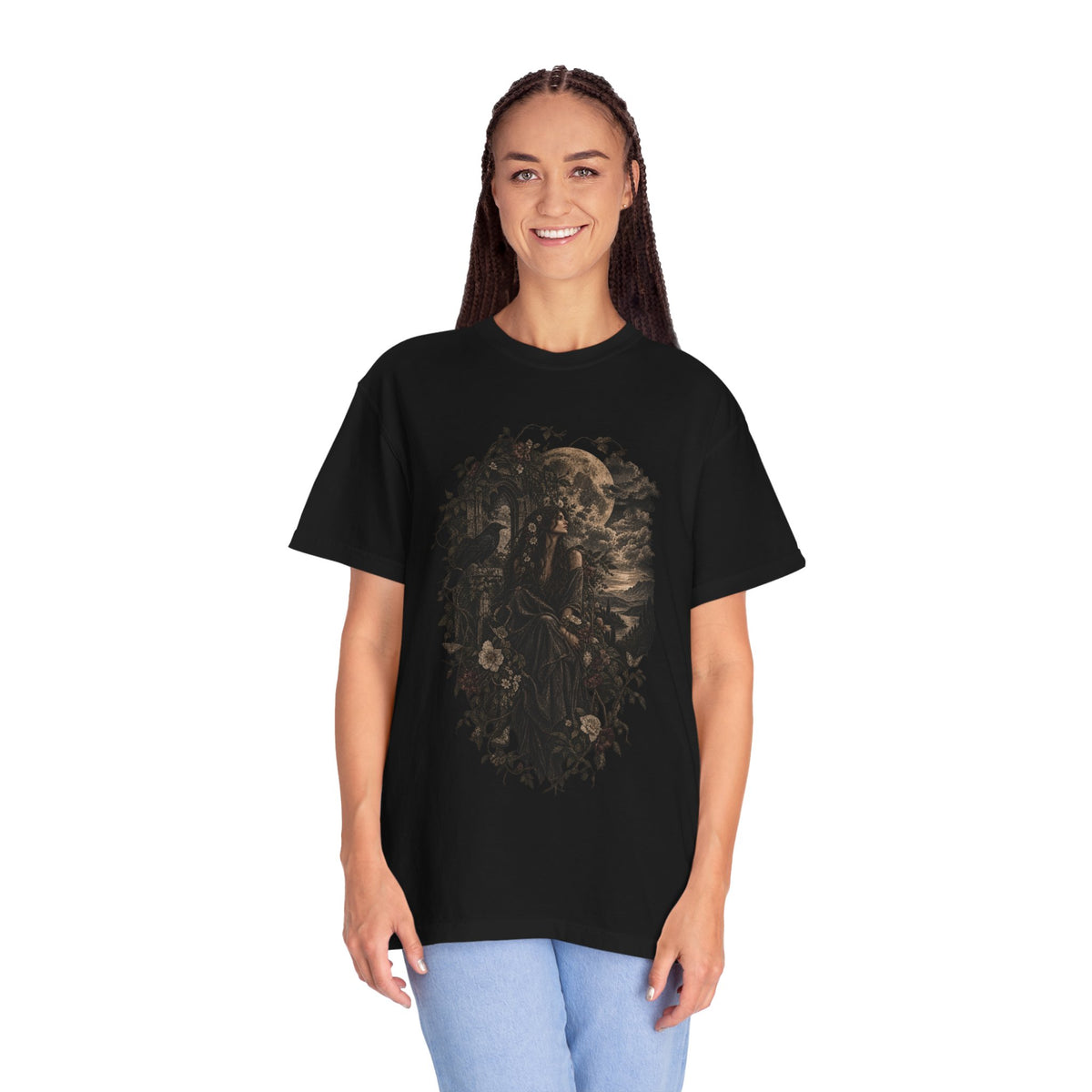 Moonlit Gothic Woman Tee — Raven & Dark Botanical Garden T-Shirt