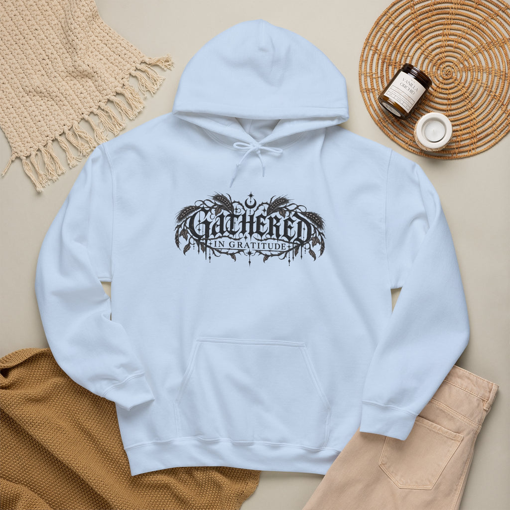 Gathered in Gratitude Hoodie — Gothic Winged Script Pullover