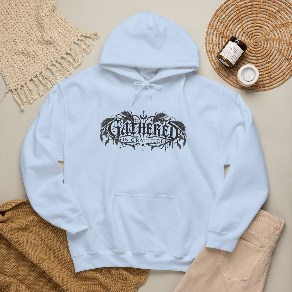 Gathered in Gratitude Hoodie — Gothic Winged Script Pullover