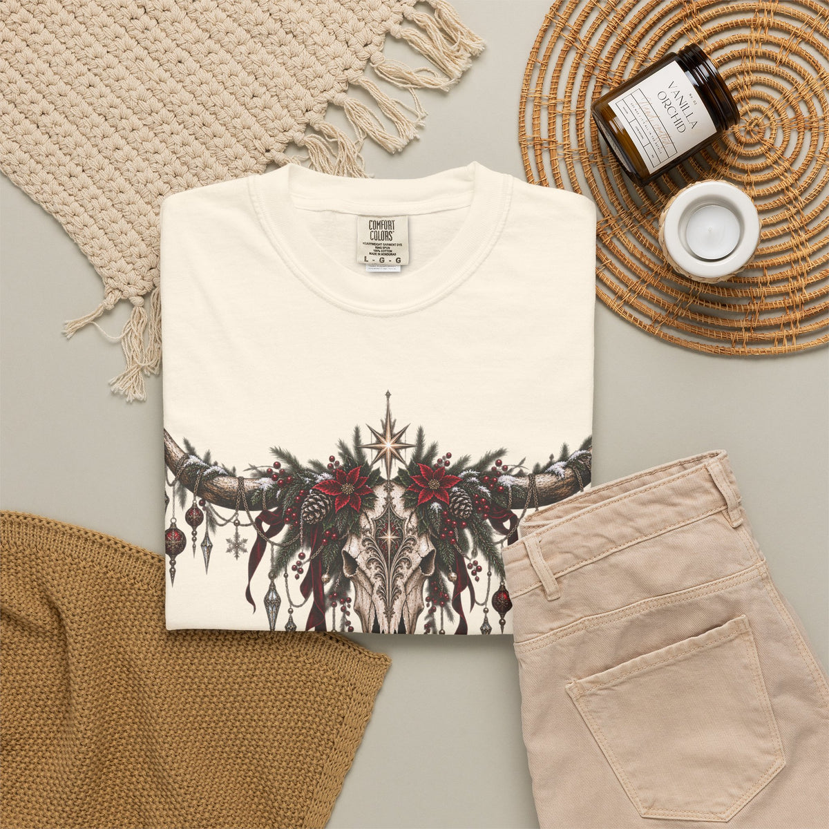 Western Skull Christmas T-Shirt — Boho Longhorn Design