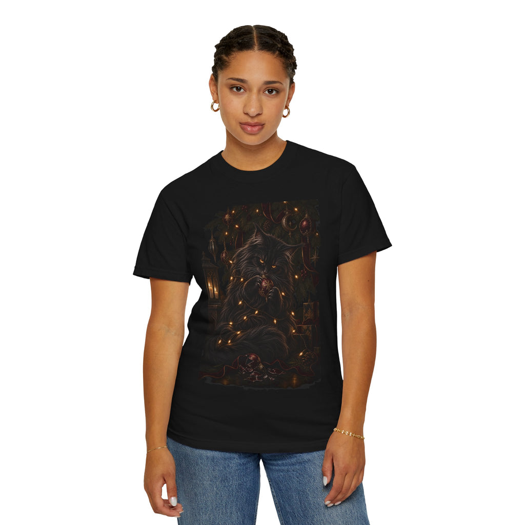 Black Cat Christmas T-Shirt — Gothic Holiday Lights Graphic
