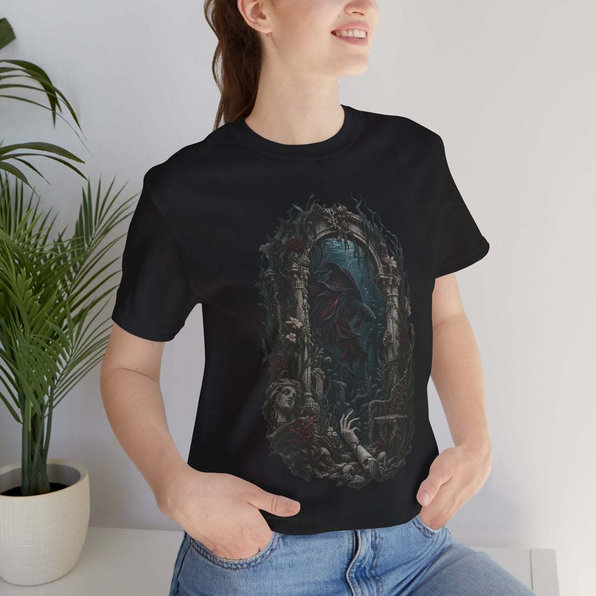 Gothic Fish T-Shirt — Underwater Ruins & Broken Statue