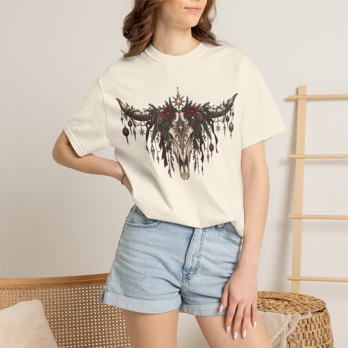 Western Skull Christmas T-Shirt — Boho Longhorn Design