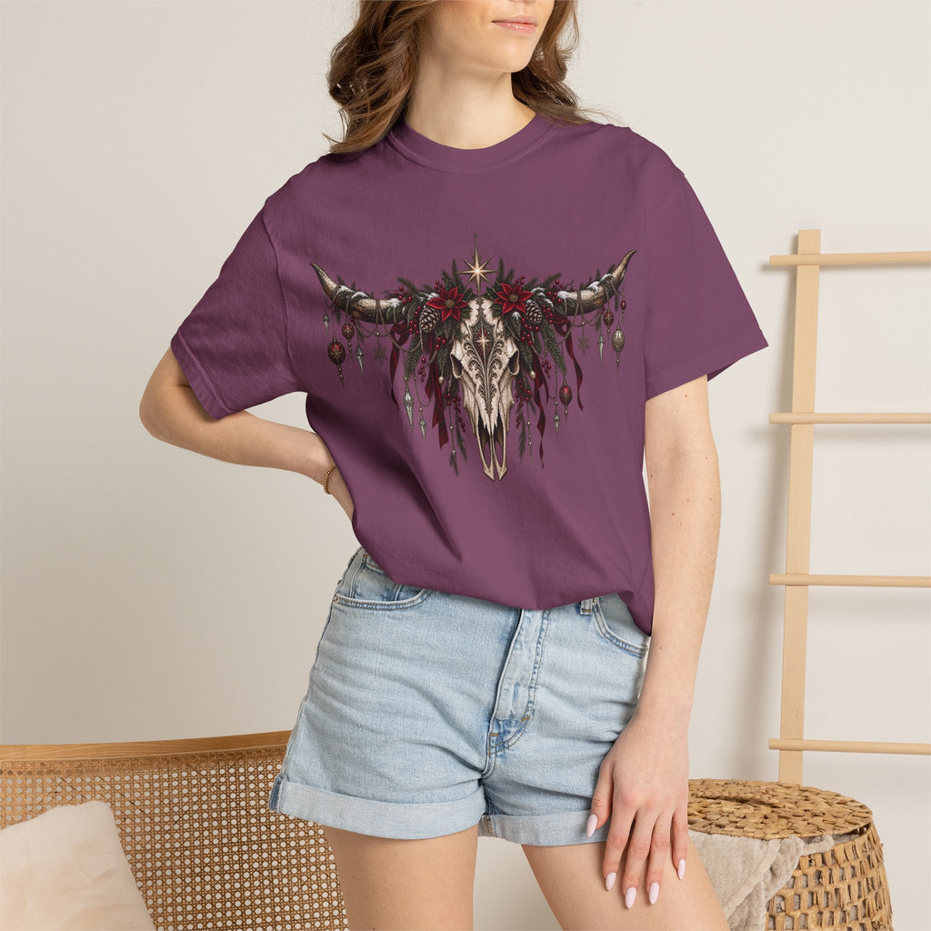 Western Skull Christmas T-Shirt — Boho Longhorn Design