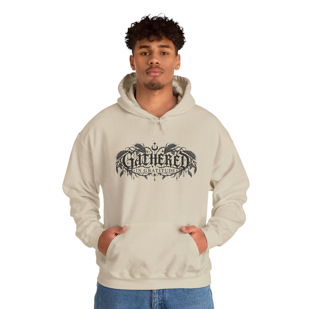 Gathered in Gratitude Hoodie — Gothic Winged Script Pullover