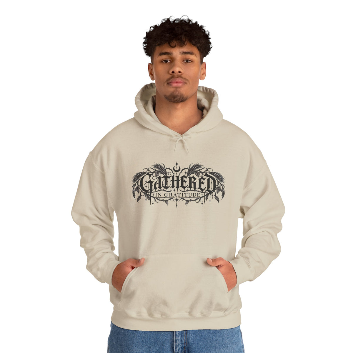 Gathered in Gratitude Hoodie — Gothic Winged Script Pullover