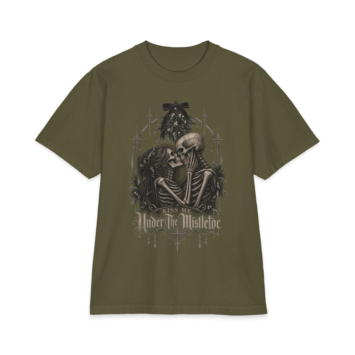 “Under the Mistletoe” T-Shirt — Gothic Skeleton Kiss