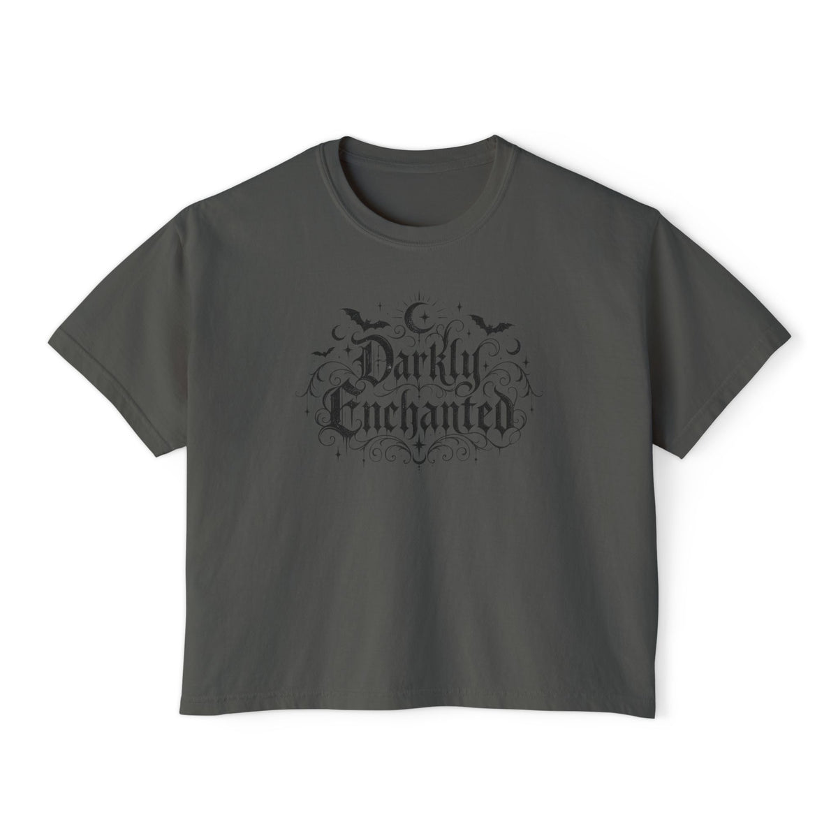 Darkly Enchanted Women's Boxy Tee — Gothic Moon & Bats Graphic