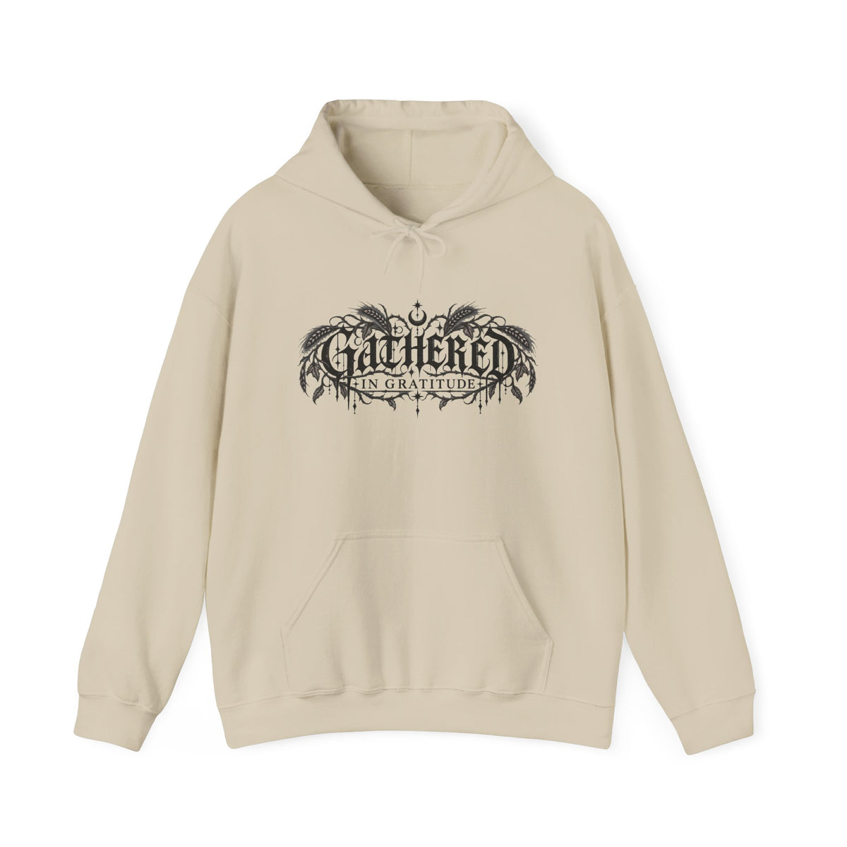 Gathered in Gratitude Hoodie — Gothic Winged Script Pullover