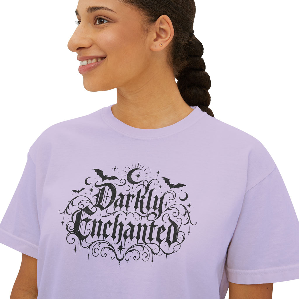 Darkly Enchanted Women's Boxy Tee — Gothic Moon & Bats Graphic