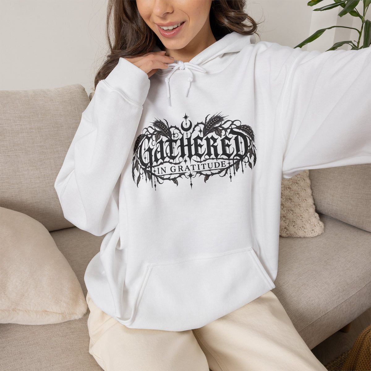 Gathered in Gratitude Hoodie — Gothic Winged Script Pullover