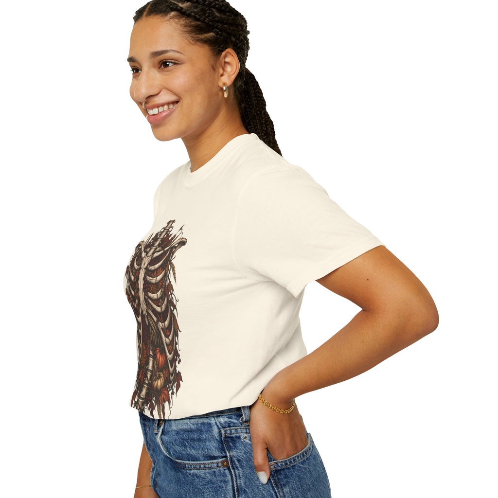 Anatomical Ribcage Tee with Autumn Leaves — Distressed Skeleton Chest Graphic T-Shirt