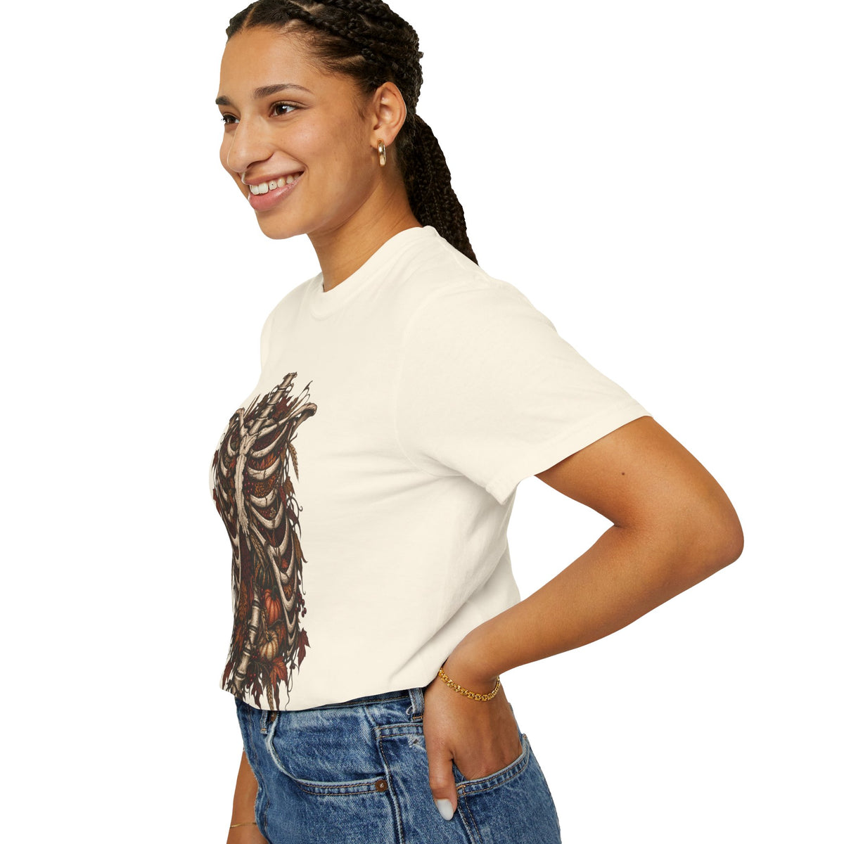 Anatomical Ribcage Tee with Autumn Leaves — Distressed Skeleton Chest Graphic T-Shirt