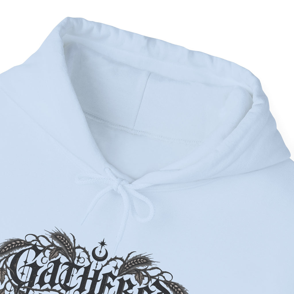 Gathered in Gratitude Hoodie — Gothic Winged Script Pullover