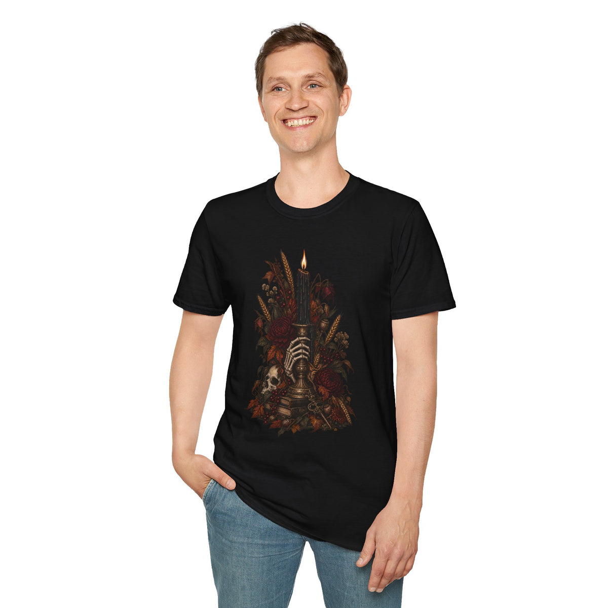 Gothic Candle T-Shirt — Hand Holding Burning Candle with Skull & Floral Design