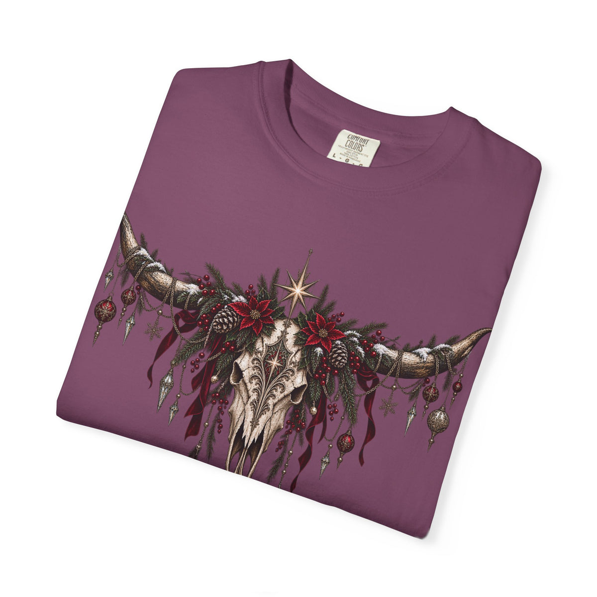 Western Skull Christmas T-Shirt — Boho Longhorn Design