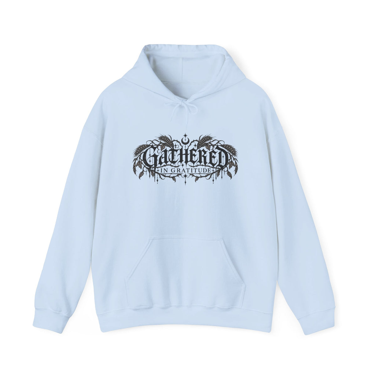 Gathered in Gratitude Hoodie — Gothic Winged Script Pullover
