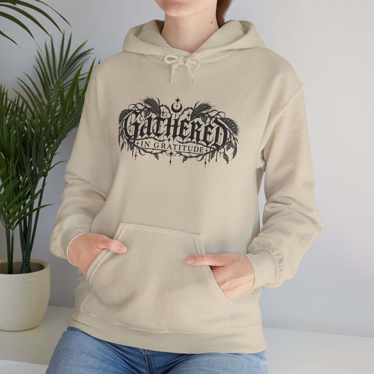 Gathered in Gratitude Hoodie — Gothic Winged Script Pullover