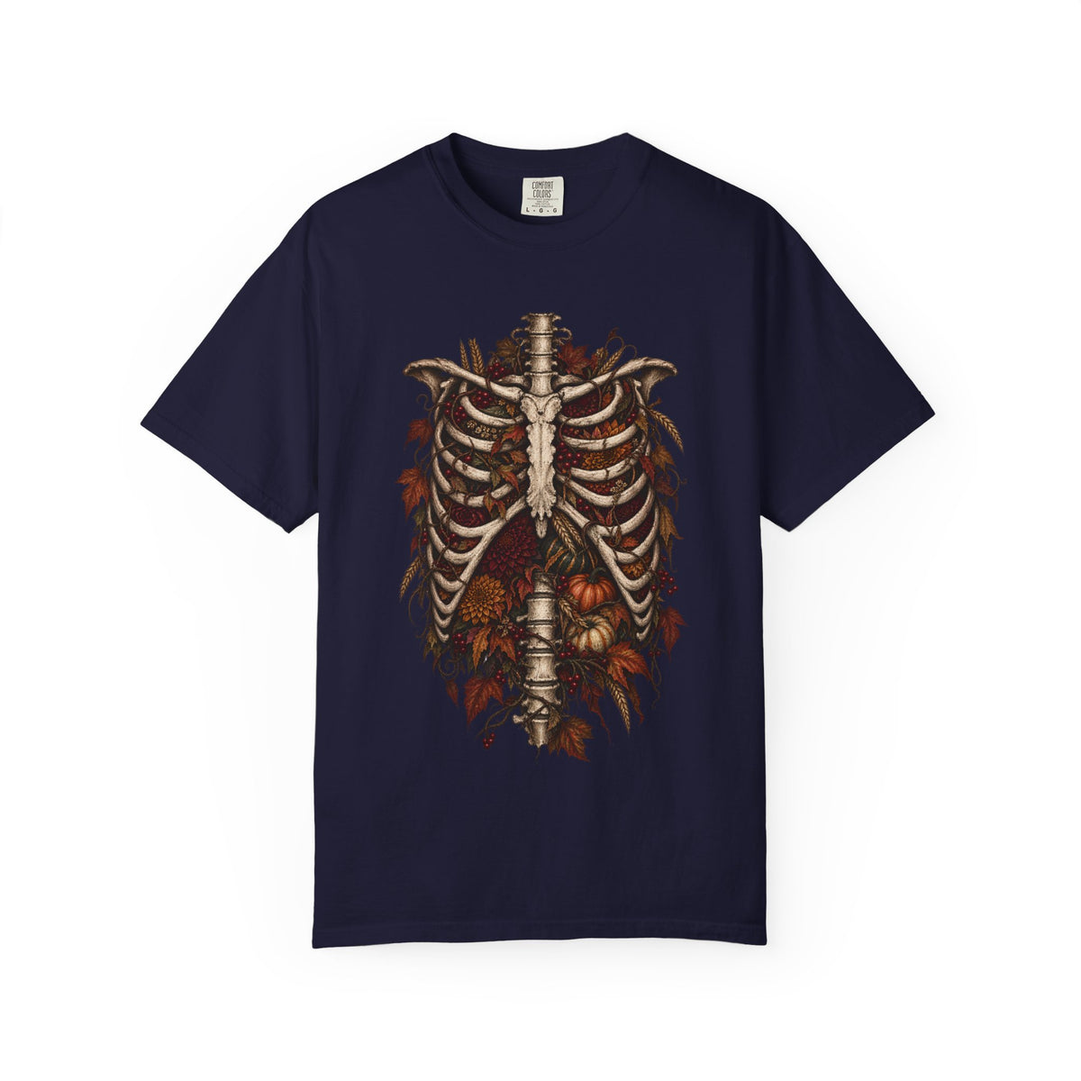 Anatomical Ribcage Tee with Autumn Leaves — Distressed Skeleton Chest Graphic T-Shirt