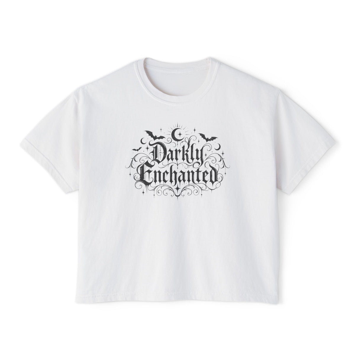Darkly Enchanted Women's Boxy Tee — Gothic Moon & Bats Graphic
