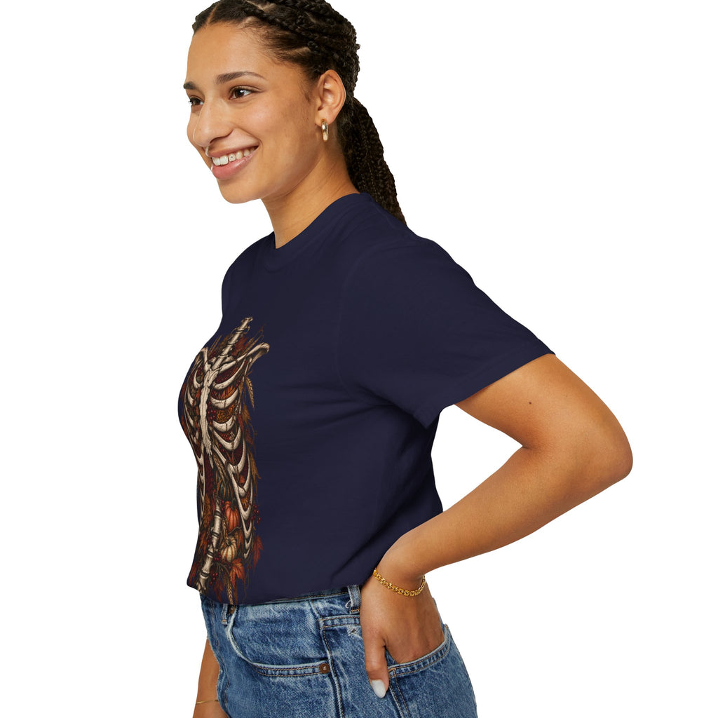 Anatomical Ribcage Tee with Autumn Leaves — Distressed Skeleton Chest Graphic T-Shirt