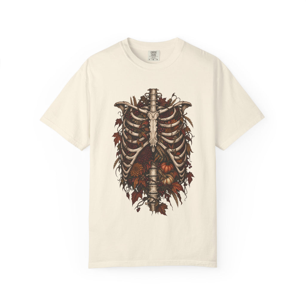 Anatomical Ribcage Tee with Autumn Leaves — Distressed Skeleton Chest Graphic T-Shirt