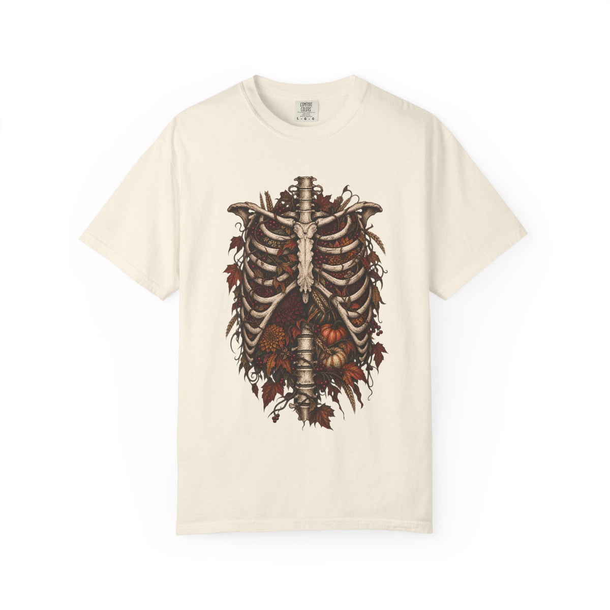 Anatomical Ribcage Tee with Autumn Leaves — Distressed Skeleton Chest Graphic T-Shirt
