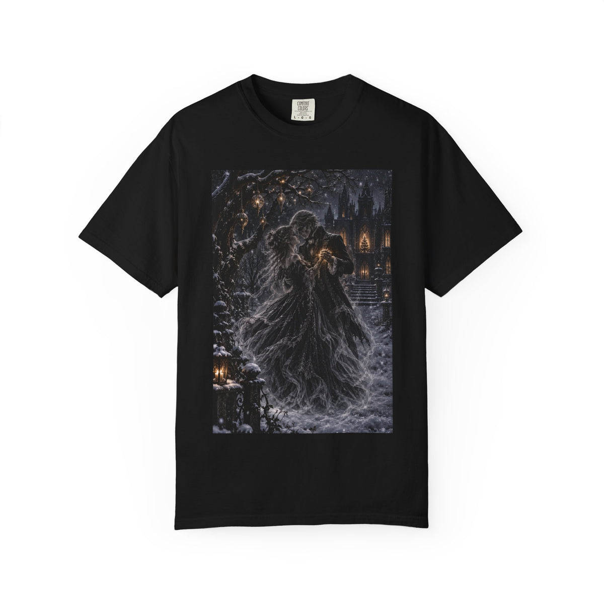 Gothic Winter Dance T-Shirt — Haunted Couple Embrace Midnight Snow