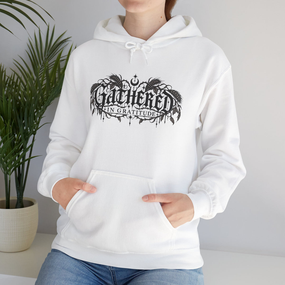 Gathered in Gratitude Hoodie — Gothic Winged Script Pullover