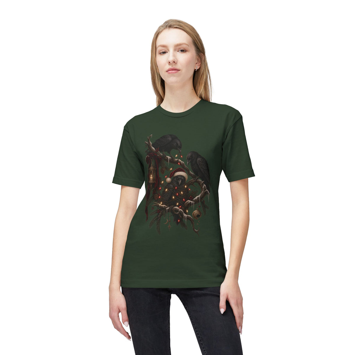 Christmas Crow T-Shirt — Festive Raven with Ornaments & Lights