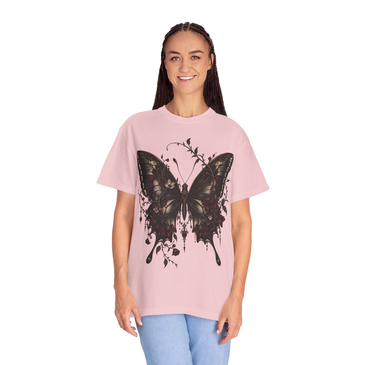 Gothic Dark Butterfly T‑Shirt — Vintage Floral Moth Graphic