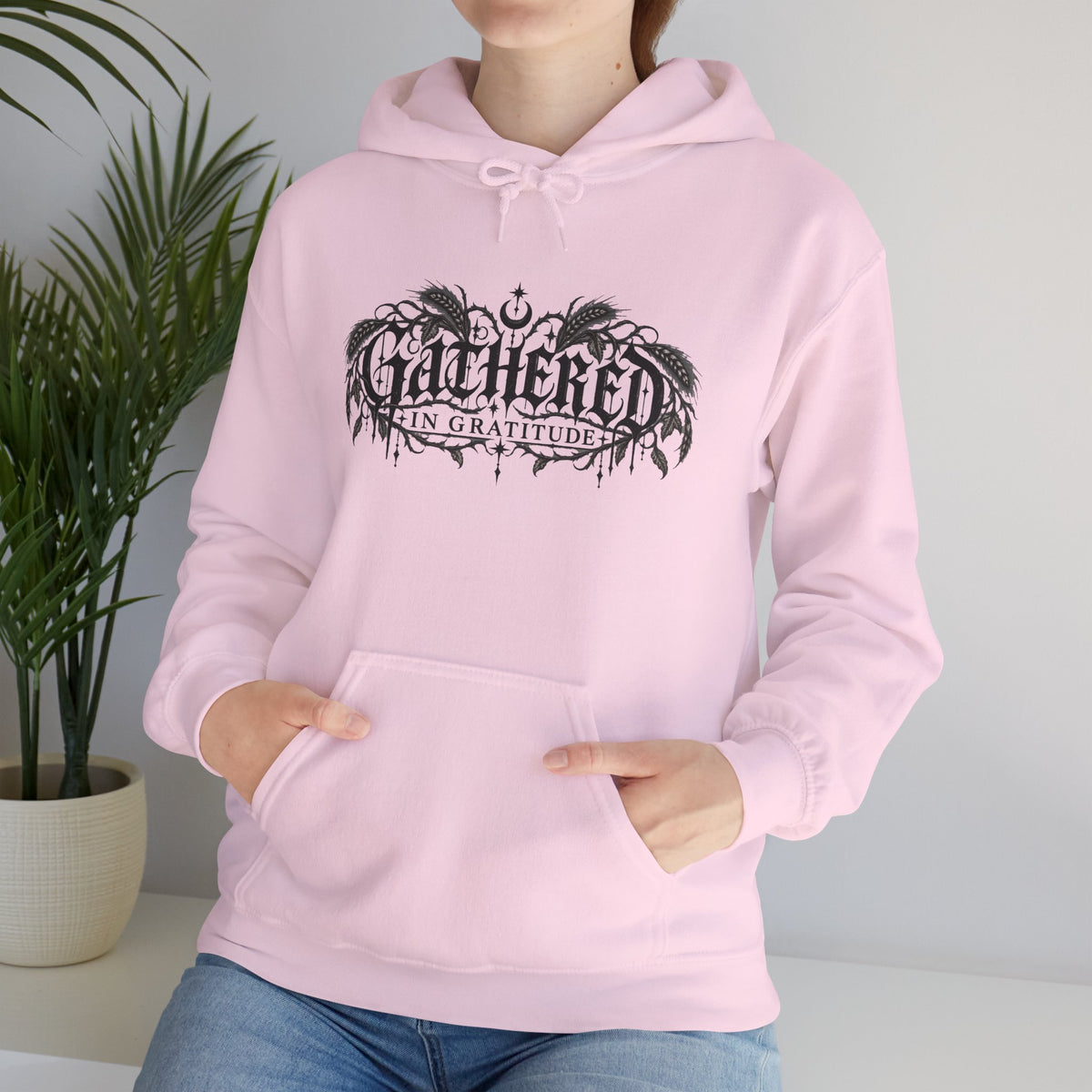 Gathered in Gratitude Hoodie — Gothic Winged Script Pullover