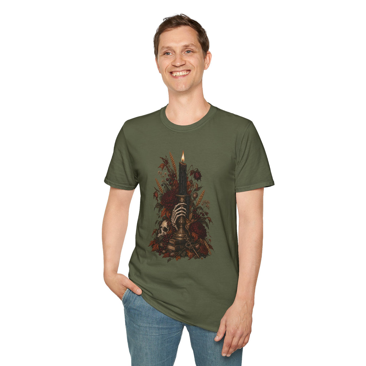Gothic Candle T-Shirt — Hand Holding Burning Candle with Skull & Floral Design