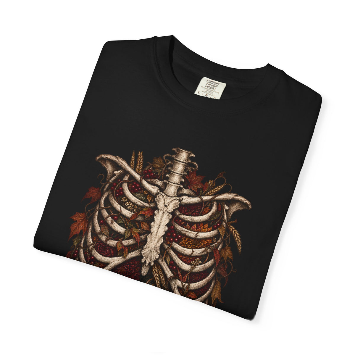 Anatomical Ribcage Tee with Autumn Leaves — Distressed Skeleton Chest Graphic T-Shirt