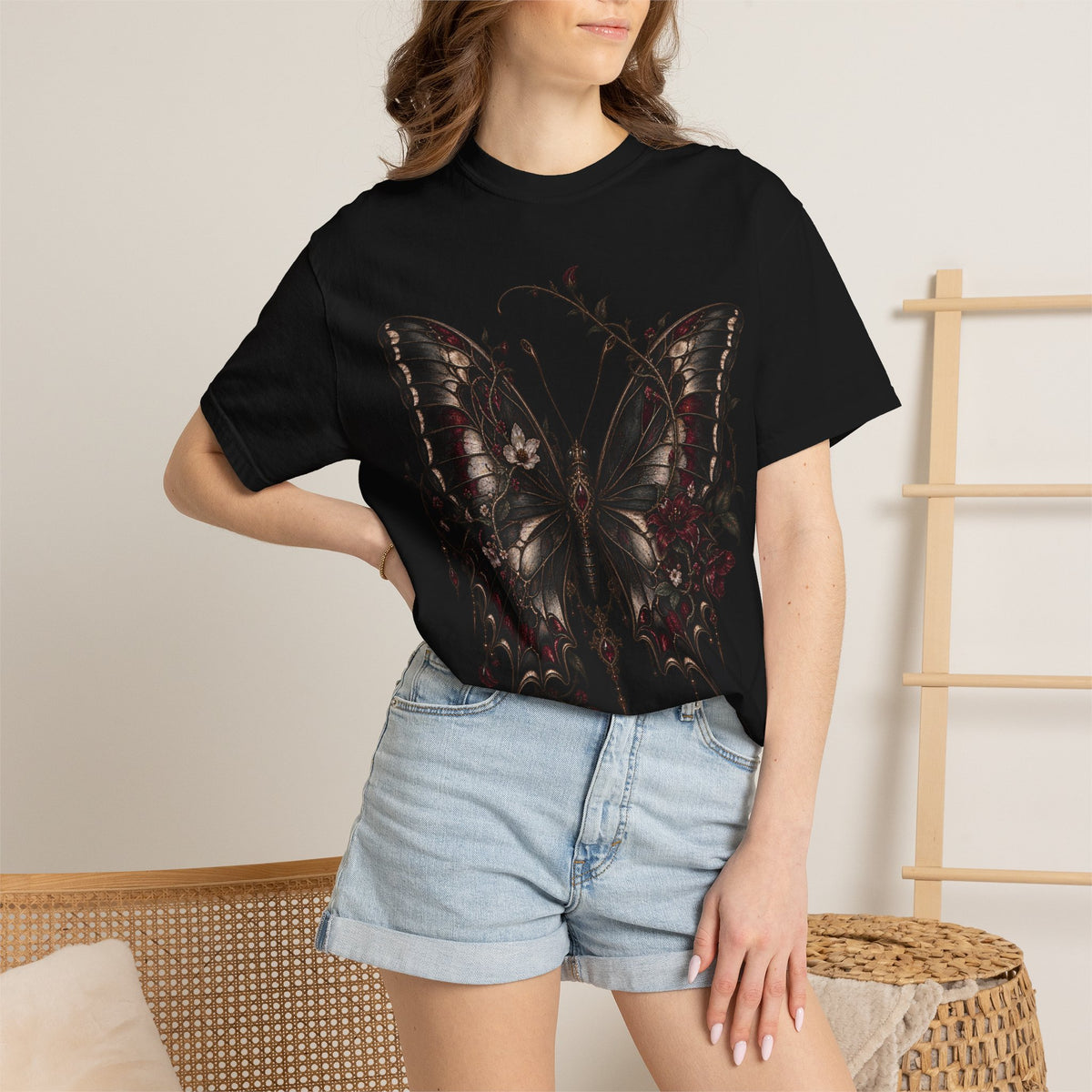 Gothic Dark Butterfly T‑Shirt — Vintage Floral Moth Graphic