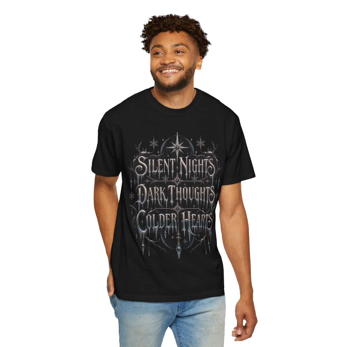 "Silent Nights, Dark Thoughts, Colder Hearts” T-Shirt — Gothic Holiday Graphic