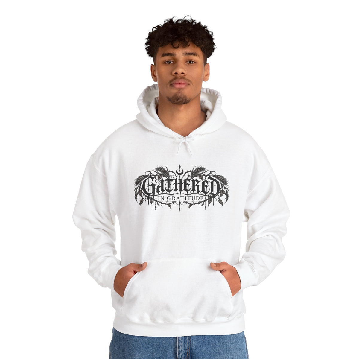 Gathered in Gratitude Hoodie — Gothic Winged Script Pullover