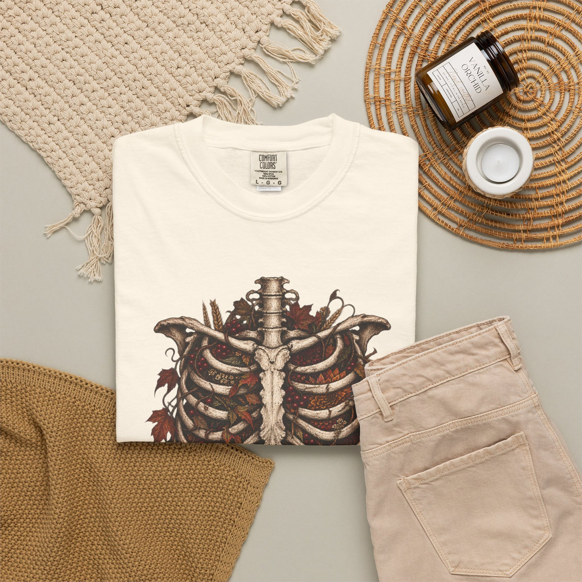 Anatomical Ribcage Tee with Autumn Leaves — Distressed Skeleton Chest Graphic T-Shirt