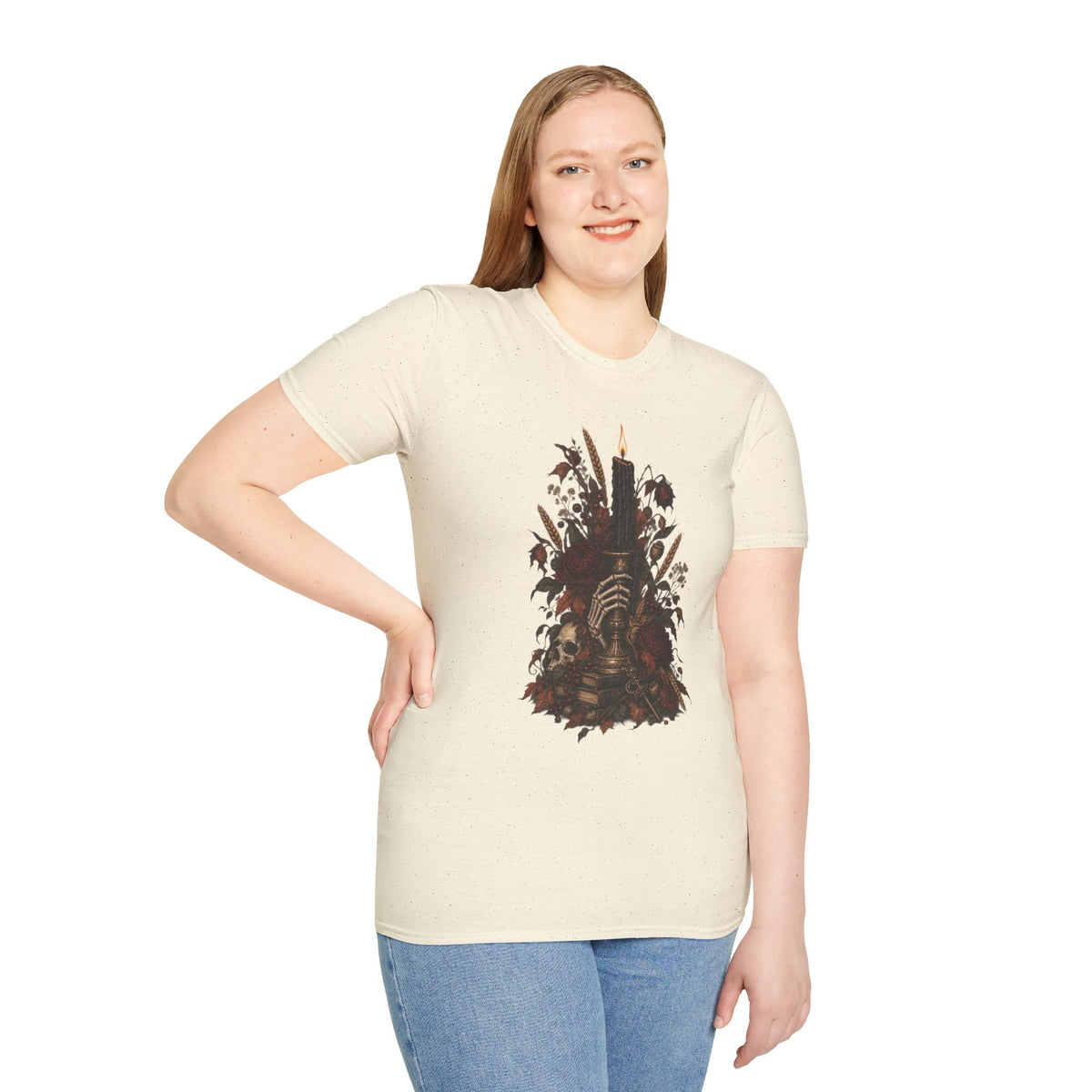 Gothic Candle T-Shirt — Hand Holding Burning Candle with Skull & Floral Design