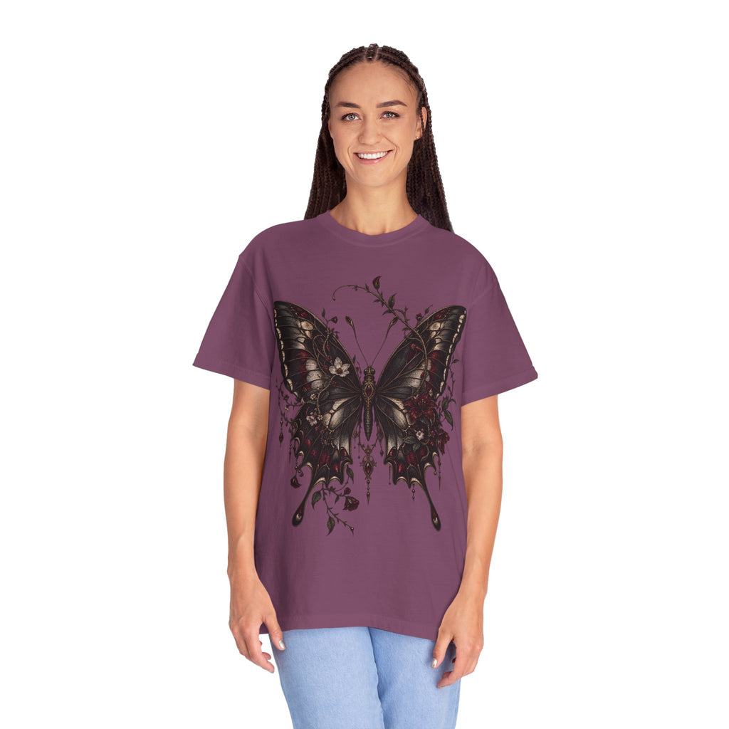 Gothic Dark Butterfly T‑Shirt — Vintage Floral Moth Graphic