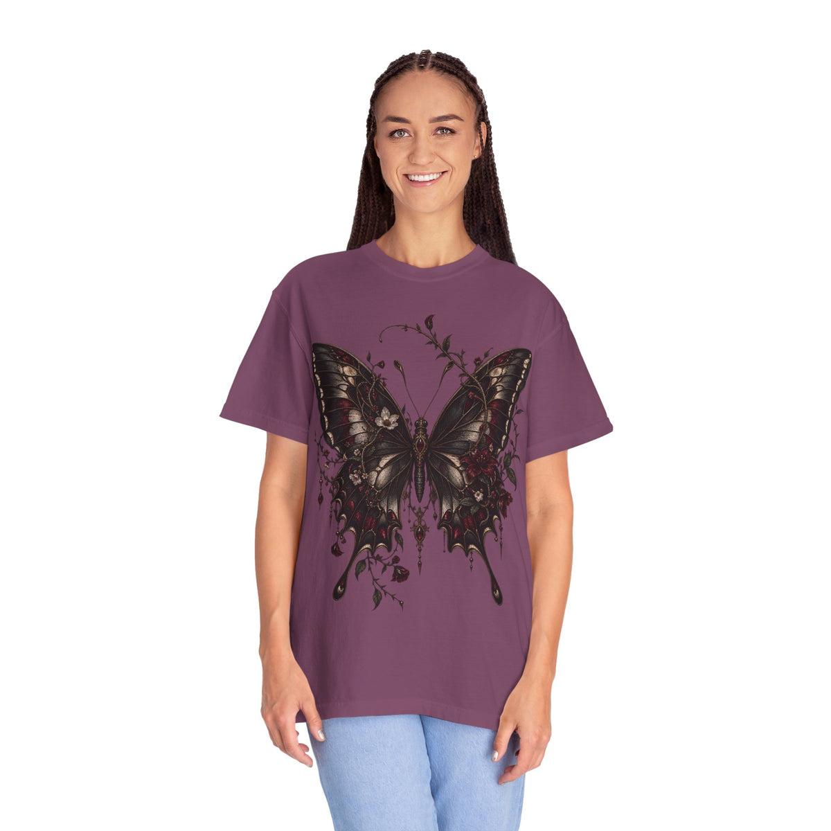 Gothic Dark Butterfly T‑Shirt — Vintage Floral Moth Graphic