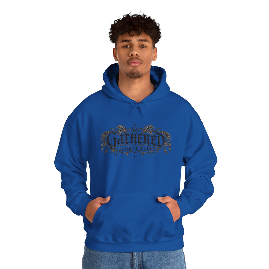 Gathered in Gratitude Hoodie — Gothic Winged Script Pullover