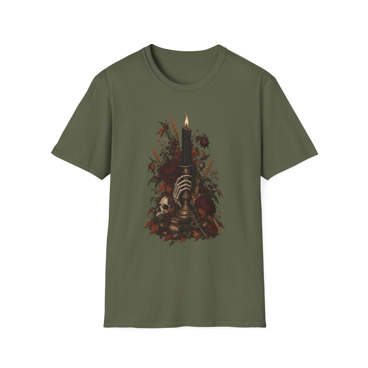 Gothic Candle T-Shirt — Hand Holding Burning Candle with Skull & Floral Design